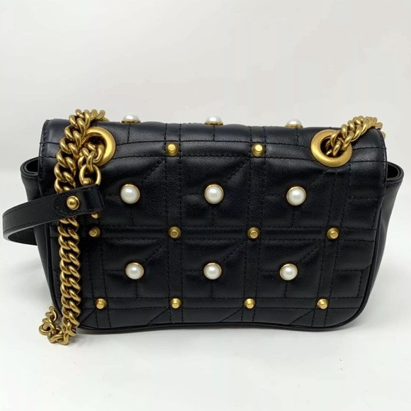 Gucci Marmont Black Leather, Pearl Studded Bag - Picture 4 of 7